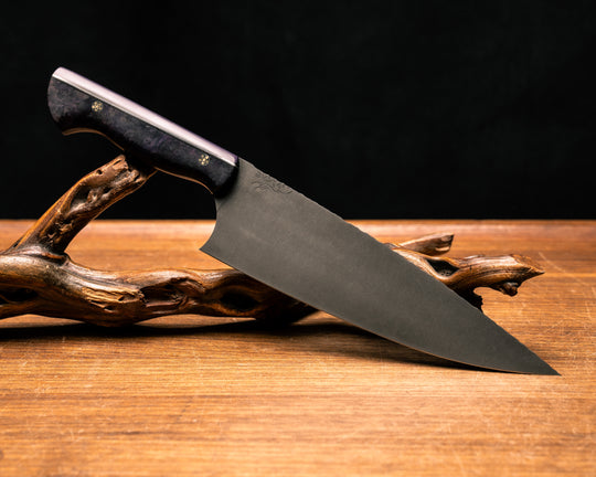 Chef Blade- Purple G10, Black G10, Brass and Aluminum Split, Dyed Black Ash, Mosaic Pins, Smooth Grip