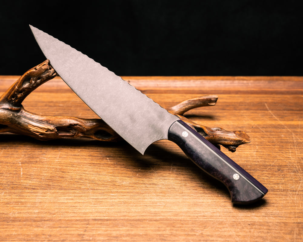 Chef Blade- Purple G10, Black G10, Brass and Aluminum Split, Dyed Black Ash, Mosaic Pins, Smooth Grip