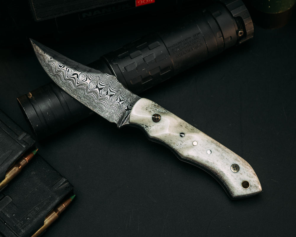 Red Cloud - Baker Forge Ladder Damascus - CO Elk, Mosaic Pins, Aluminum & Brass Pins, Contoured Grip.