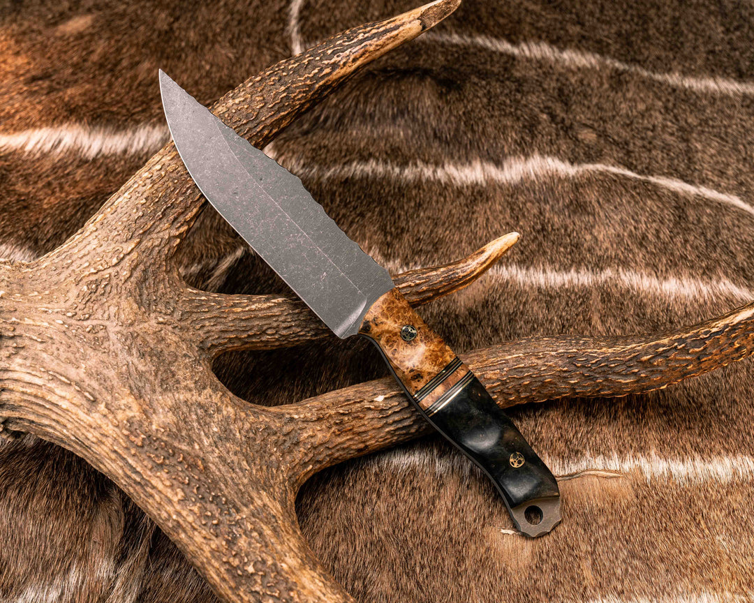 Crow Scout- Black Ash Burl, Black G10, Brass, Coyote G10 and White G10 Pin Striping, Maple Split, Dyed Redwood, Mosaic Pins, Textured Grip