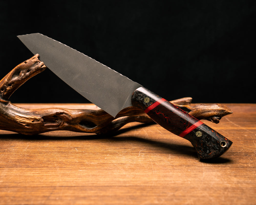 Santoku- Red Marbled Dark Matter Carbon, Fire Canvas Micarta and Red and Grey Patterned G10 Split, Mosaic Pins, Brass Lanyard Pin, Smooth Grip