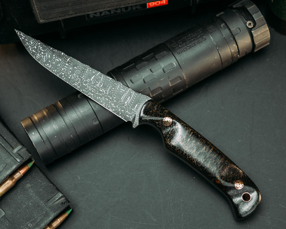 Boogeyman - Vegas Forge Dot Matrix Damascus - Mammoth Bone, Mosaic Pins, Copper Lanyard Pin, Contoured Grip.