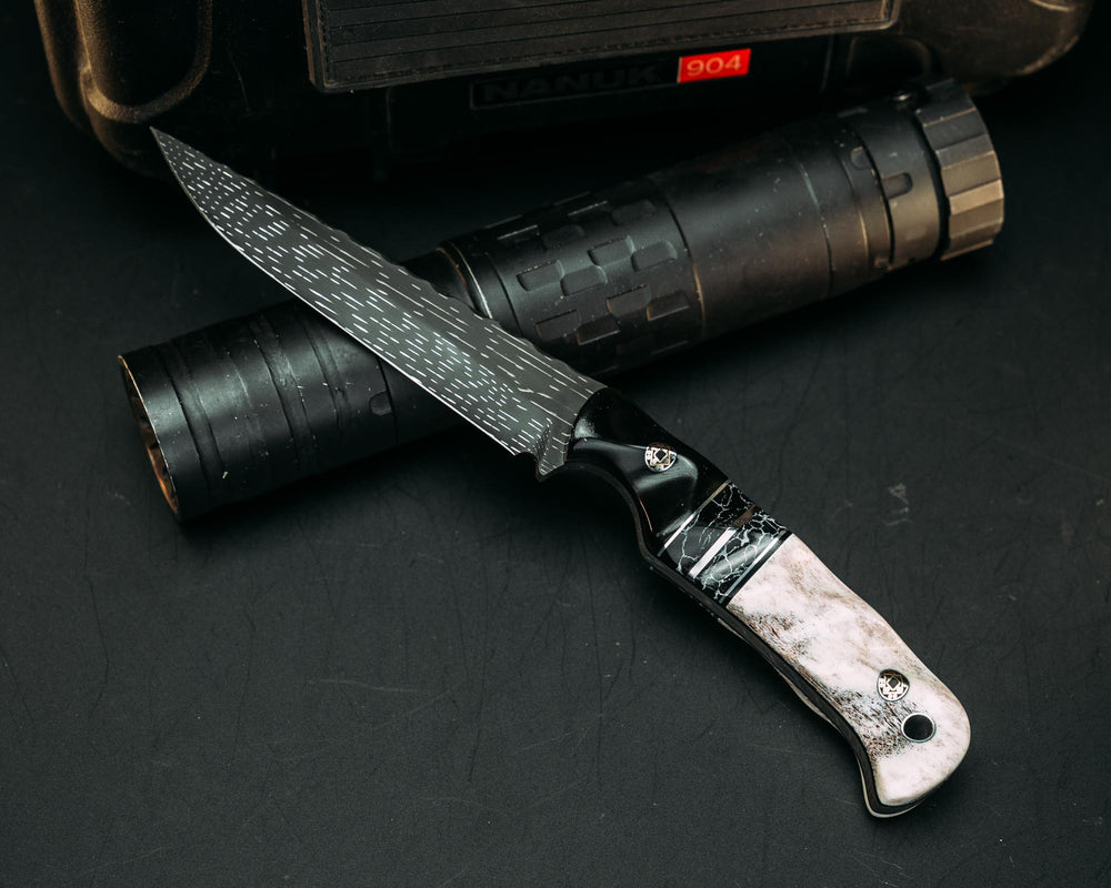 Boogeyman - Vegas Forge Dot Matrix Damascus - Bison, Black G10 and Aluminum Pin Striping, Black with White Web Tru-stone Split, CO Elk, Mosaic Pins, Aluminum Lanyard Pin, Textured Grip