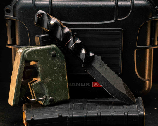 Disaster Jr- Black Burlap Micarta, Black G10 and Copper Pin Striping, Black Burlap Micarta Split, Black and White Ebony, Mosaic Pins, Copper Lanyard Pin, Textured Grip