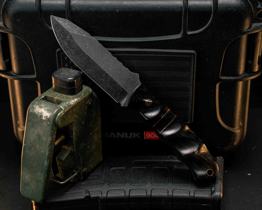 Disaster Jr- Black Burlap Micarta, Black G10 and Copper Pin Striping, Black Burlap Micarta Split, Black and White Ebony, Mosaic Pins, Copper Lanyard Pin, Textured Grip