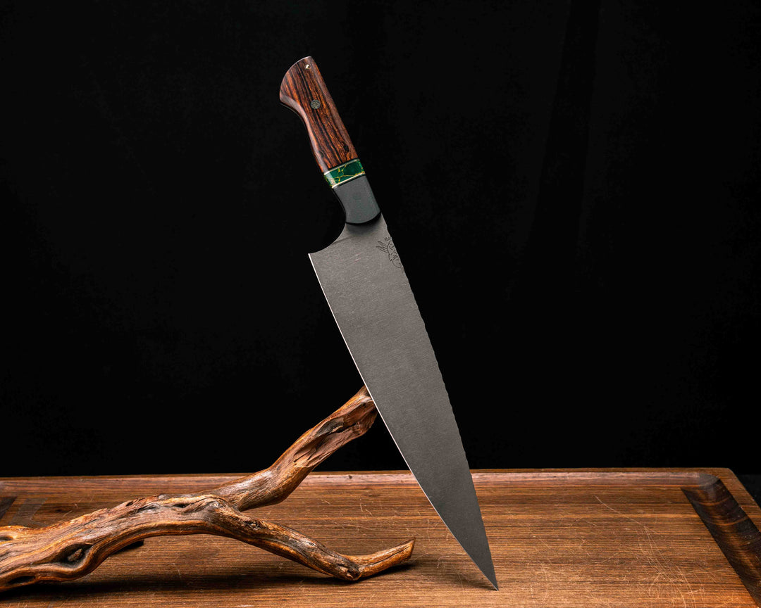 10" Chef Blade- Black G10, Black G10 and Brass Pin Striping, Arizona Jade Tru-stone Split, Desert Ironwood, CF Pin, Mosaic Pin, 1/8" Brass Pin, Smooth Grip