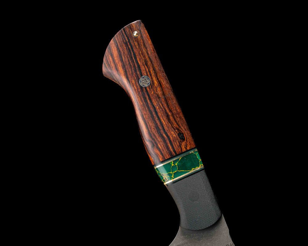 10" Chef Blade- Black G10, Black G10 and Brass Pin Striping, Arizona Jade Tru-stone Split, Desert Ironwood, CF Pin, Mosaic Pin, 1/8" Brass Pin, Smooth Grip