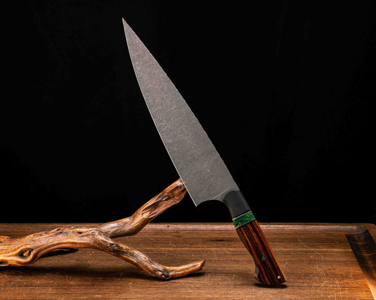 10" Chef Blade- Black G10, Black G10 and Brass Pin Striping, Arizona Jade Tru-stone Split, Desert Ironwood, CF Pin, Mosaic Pin, 1/8" Brass Pin, Smooth Grip