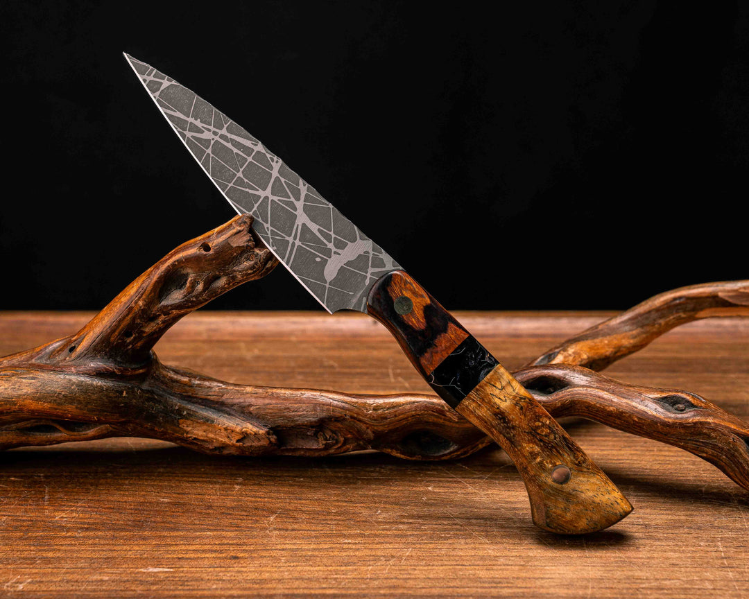 Pairing Knife- Desert Ironwood, Tru-LaRue Resin Split, Box Elder, Brass Pins, Smooth Grip