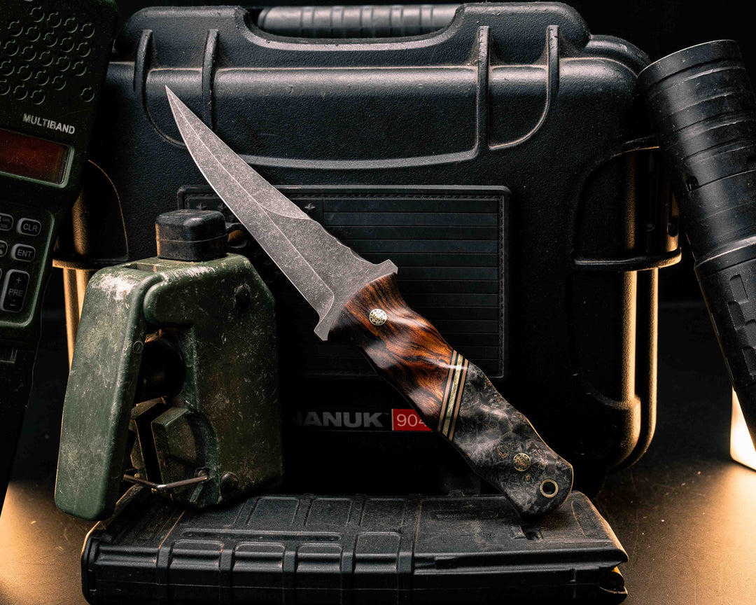 Combat Filet- Desert Ironwood, Black G10, Coyote G10 and Brass Split, Dyed Black Ash, Mosaic Pins, Brass Lanyard Pin, Textured Grip