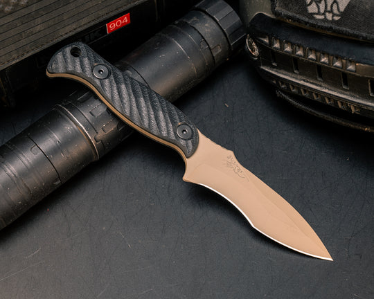 Extremis MK1 - Black G10, FDE Cerakote, Allen Bolts, Hollow Lanyard Hole, Textured Grip