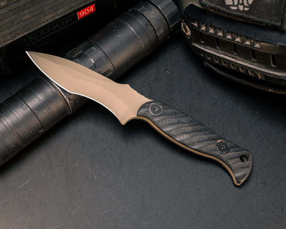 Extremis MK1 - Black G10, FDE Cerakote, Allen Bolts, Hollow Lanyard Hole, Textured Grip