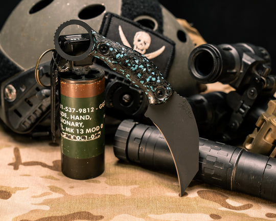 Karambito- Turquoise Rocky Wave Carbon, Armor Black Cerakote, Allen Bolts, Smooth Grip