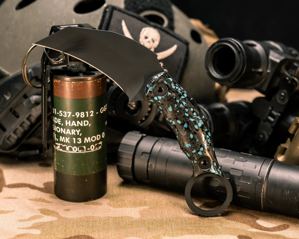 Karambito- Turquoise Rocky Wave Carbon, Armor Black Cerakote, Allen Bolts, Smooth Grip