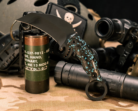 Karambito- Turquoise Rocky Wave Carbon, Armor Black Cerakote, Allen Bolts, Smooth Grip