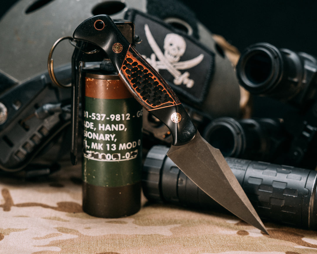 Gulo Gulo- Black Diamond Richlite, Copper and Copper Dragon Strike Carbon Split, Mosaic Pins, Copper Lanyard Pin, Contoured Grip