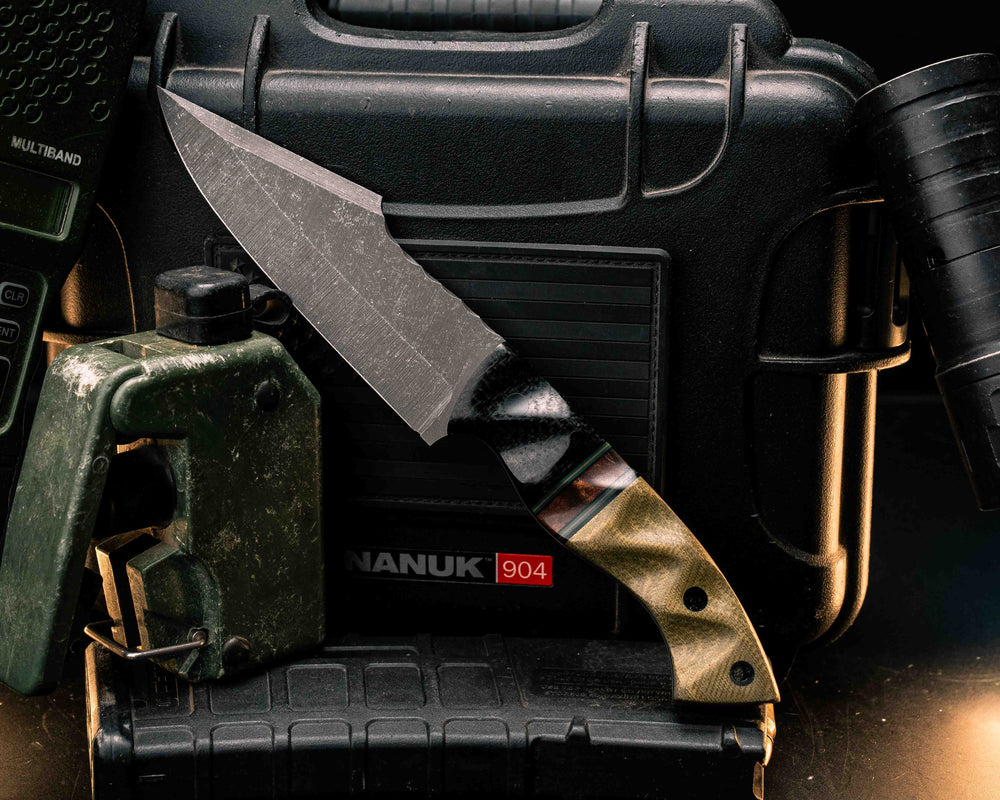 Widow Maker - Black Burlap Micarta, Black G10, Forest Green G10 and Coyote G10 Pin Striping, Hawaiian Curly Koa Split, OD Green Canvas Micarta, CF Pins, CF Lanyard Pin, Textured Grip