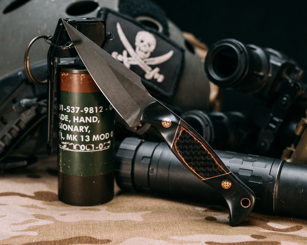 Gulo Gulo- Black Diamond Richlite, Copper and Copper Dragon Strike Carbon Split, Mosaic Pins, Copper Lanyard Pin, Contoured Grip
