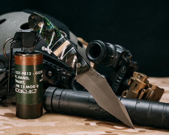 Modified Field Knife- Black Dark Matter Carbon, Black G10, Aluminum and Brass Pin Striping, Black Dark Matter Carbon and Glow Micarta Split, Black Dark Matter Carbon Over Arizona Jade Tru-stone Split, Mosaic Pins, 1/8" Brass Pin, Textured Grip