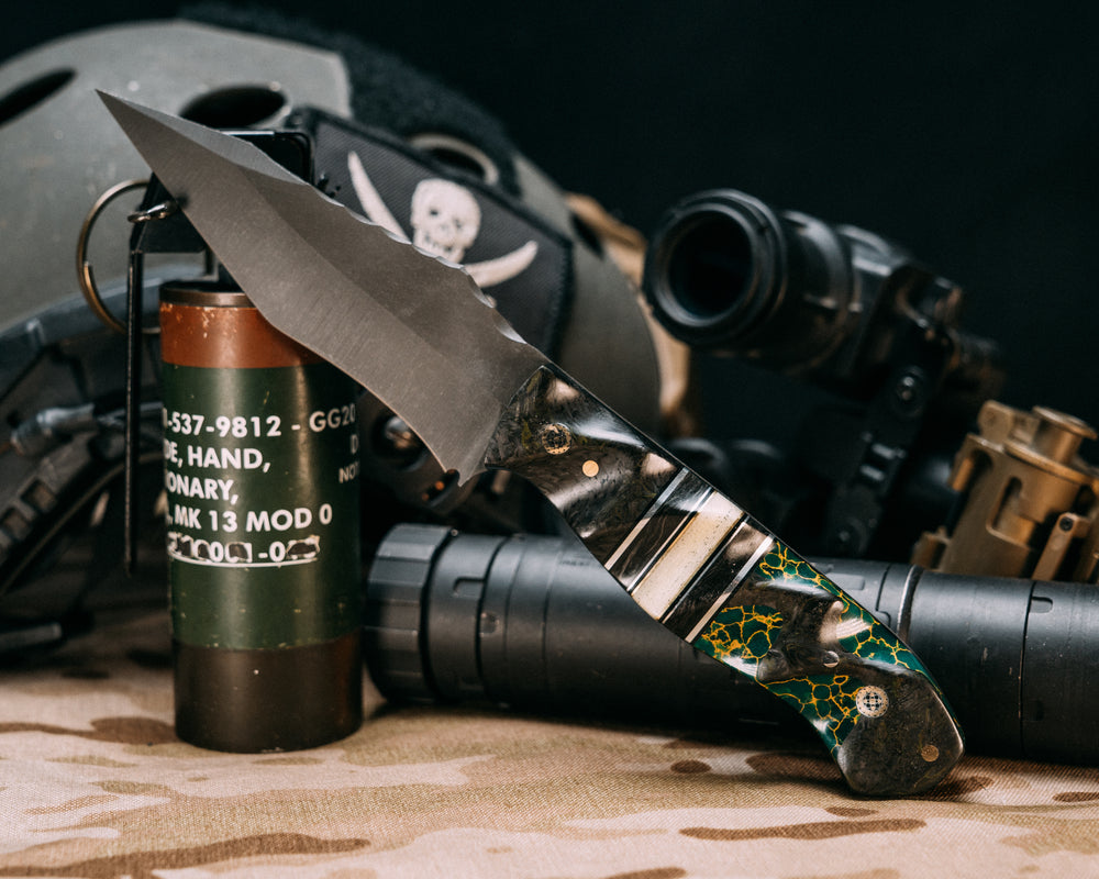 Modified Field Knife- Black Dark Matter Carbon, Black G10, Aluminum and Brass Pin Striping, Black Dark Matter Carbon and Glow Micarta Split, Black Dark Matter Carbon Over Arizona Jade Tru-stone Split, Mosaic Pins, 1/8" Brass Pin, Textured Grip