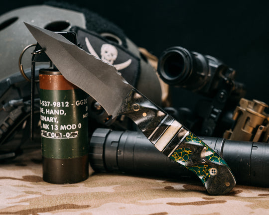 Modified Field Knife- Black Dark Matter Carbon, Black G10, Aluminum and Brass Pin Striping, Black Dark Matter Carbon and Glow Micarta Split, Black Dark Matter Carbon Over Arizona Jade Tru-stone Split, Mosaic Pins, 1/8" Brass Pin, Textured Grip