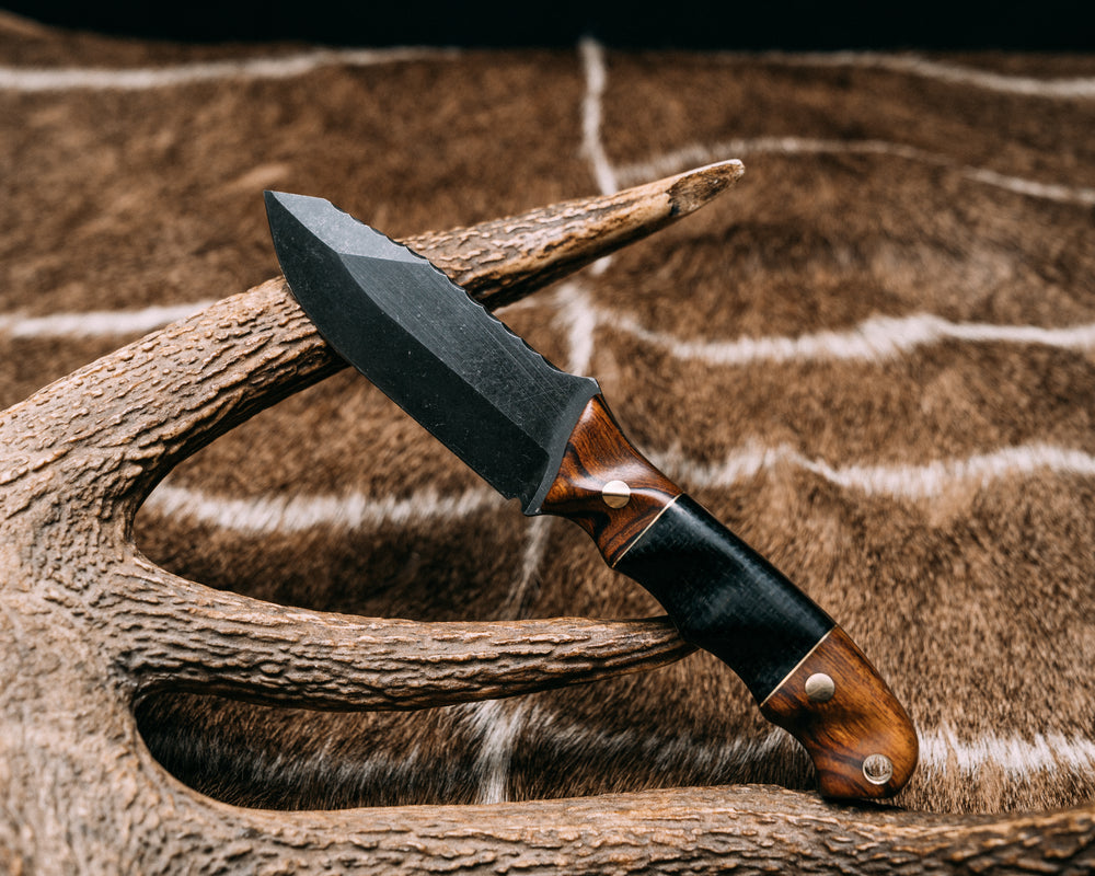 Disaster Jr- Desert Ironwood, Brass Pin Striping, Black Burlap Micarta Split, Brass Pins, Brass Lanyard Pin, Grooved Grip