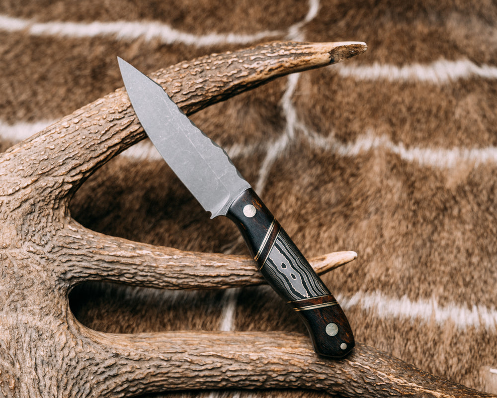 Field Knife Jr- Desert Ironwood, Black G10, Brass and Desert Ironwood Pin Striping, Gold Camo Carbon Split, Brass Pins, 1/8" Brass Pin, Smooth Grip