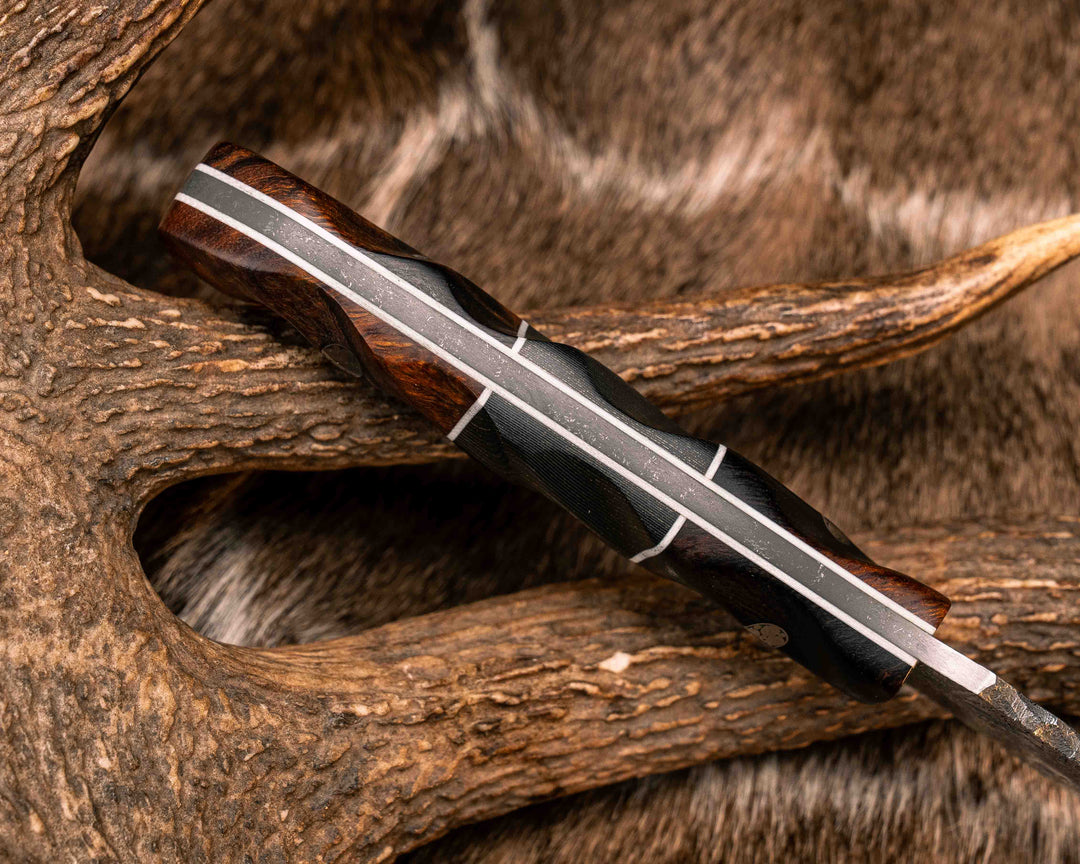 Crow Scout- Desert Ironwood, White G10 and Brass Infused Carbon Split, Mosaic Pins, Textured Grip