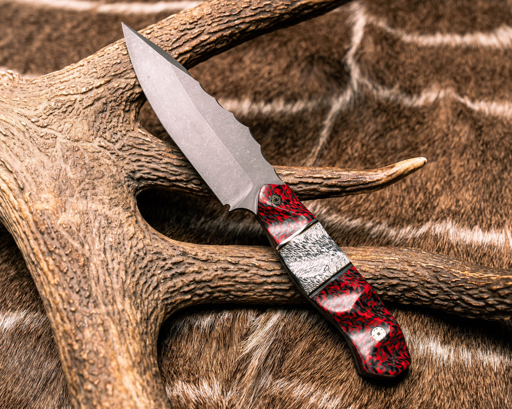 Field Knife- Carbon and Red Resin, Aluminum, Black G10, and Brass Pin Striping, Silver Carbon Split, Mosaic Pins, Textured Grip