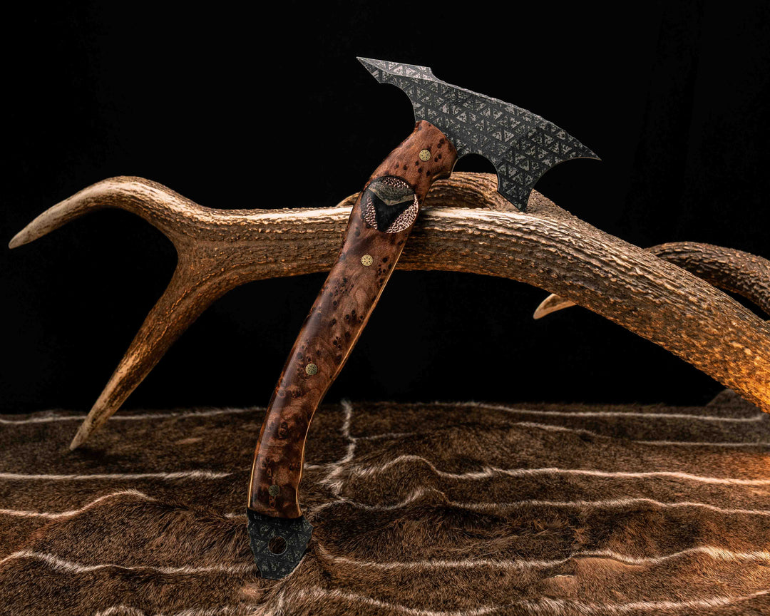 Crescent Hawk- Redwood Burl, Stippled Copper and Fossilized Great White Shark Tooth Inlay, Mosaic Pins, Smooth Grip