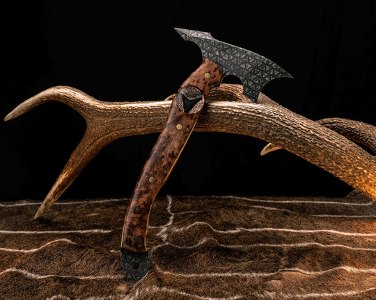 Crescent Hawk- Redwood Burl, Stippled Copper and Fossilized Great White Shark Tooth Inlay, Mosaic Pins, Smooth Grip