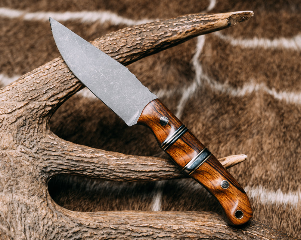 Crow Scalper- Desert Ironwood, Black G10, Aluminum and Brass Pin Striping, Desert Ironwood Split, Mosaic Pins, Grooved Grip