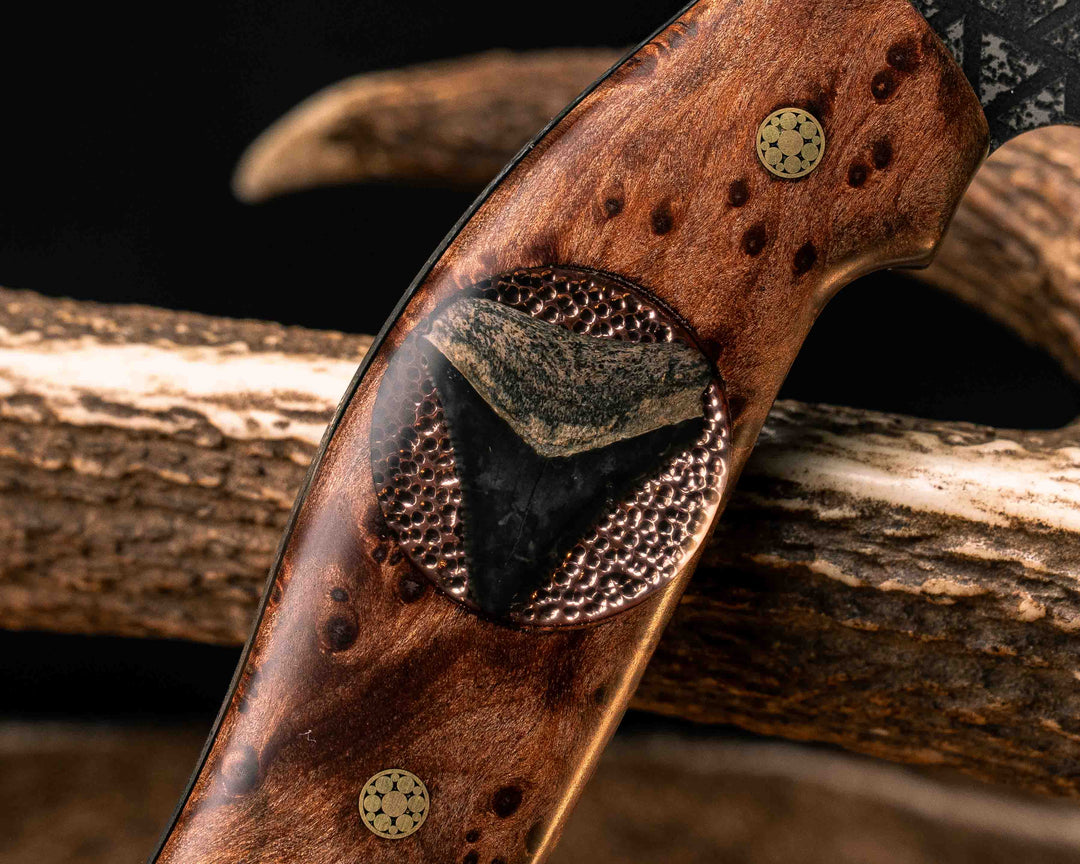 Crescent Hawk- Redwood Burl, Stippled Copper and Fossilized Great White Shark Tooth Inlay, Mosaic Pins, Smooth Grip