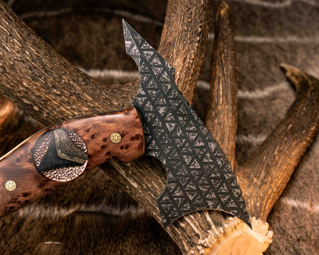 Crescent Hawk- Redwood Burl, Stippled Copper and Fossilized Great White Shark Tooth Inlay, Mosaic Pins, Smooth Grip