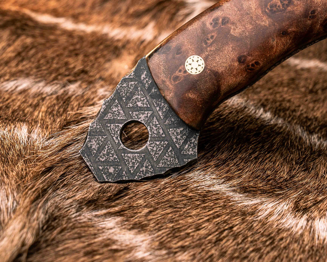 Crescent Hawk- Redwood Burl, Stippled Copper and Fossilized Great White Shark Tooth Inlay, Mosaic Pins, Smooth Grip