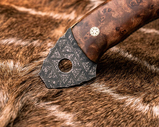 Crescent Hawk- Redwood Burl, Stippled Copper and Fossilized Great White Shark Tooth Inlay, Mosaic Pins, Smooth Grip