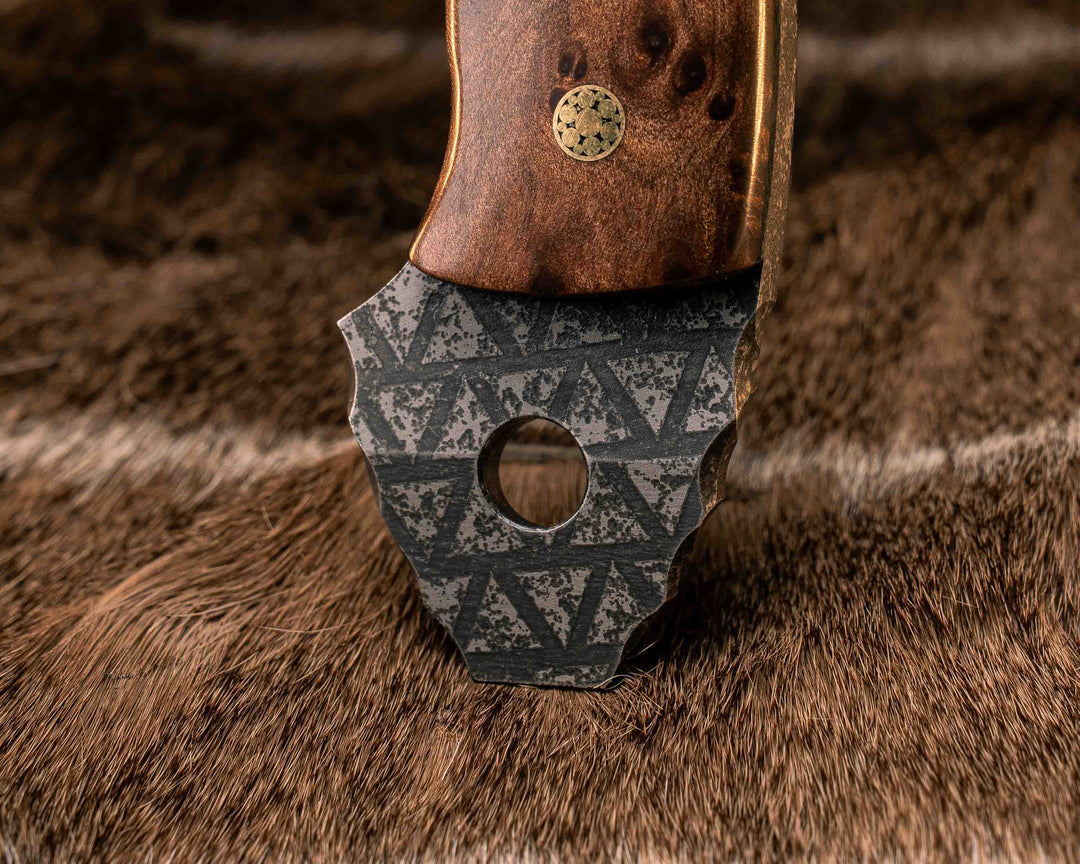 Crescent Hawk- Redwood Burl, Stippled Copper and Fossilized Great White Shark Tooth Inlay, Mosaic Pins, Smooth Grip