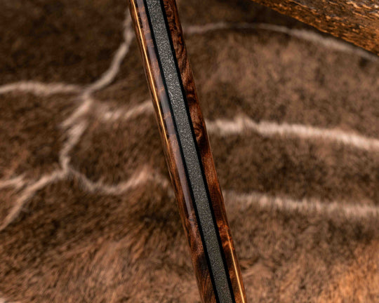 Crescent Hawk- Redwood Burl, Stippled Copper and Fossilized Great White Shark Tooth Inlay, Mosaic Pins, Smooth Grip