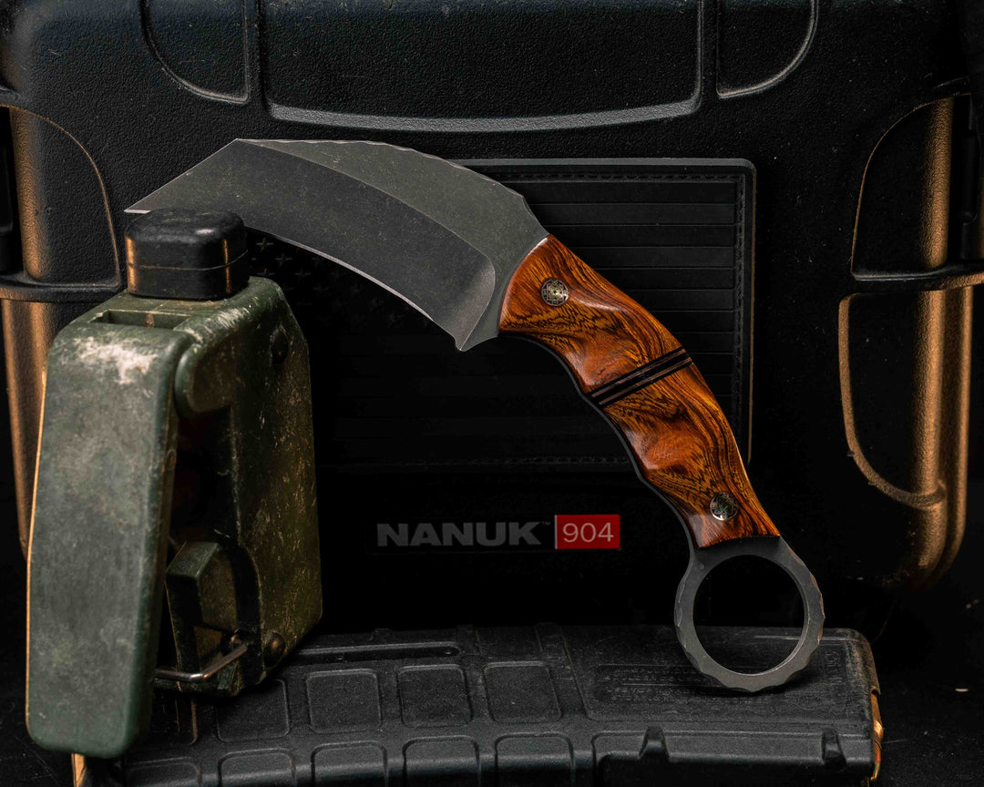 Karambito- Desert Ironwood, Black G10 and Copper Pin Striping, Mosaic Pins, Textured Grip