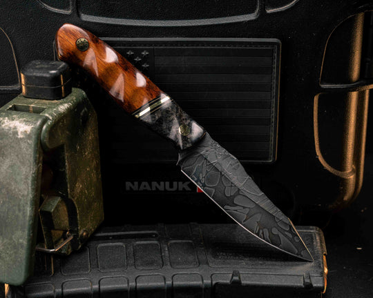 Field Knife Jr- Dyed Redwood, Black G10, Earth G10 and Brass Split, Snakewood, Mosaic Pins, Textured Grip