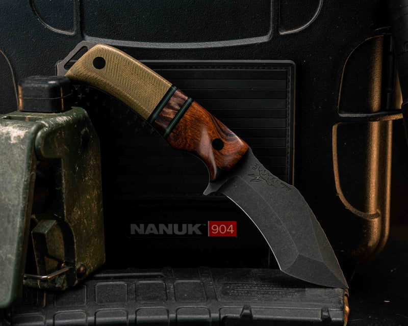 Buteo- Desert Ironwood, Black G10, Forest Green G10 and Coyote G10 Pin Striping, Dyed Maple Split, Olive Green Canvas Micarta, CF Pins, Textured Grip