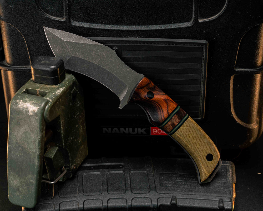 Buteo- Desert Ironwood, Black G10, Forest Green G10 and Coyote G10 Pin Striping, Dyed Maple Split, Olive Green Canvas Micarta, CF Pins, Textured Grip