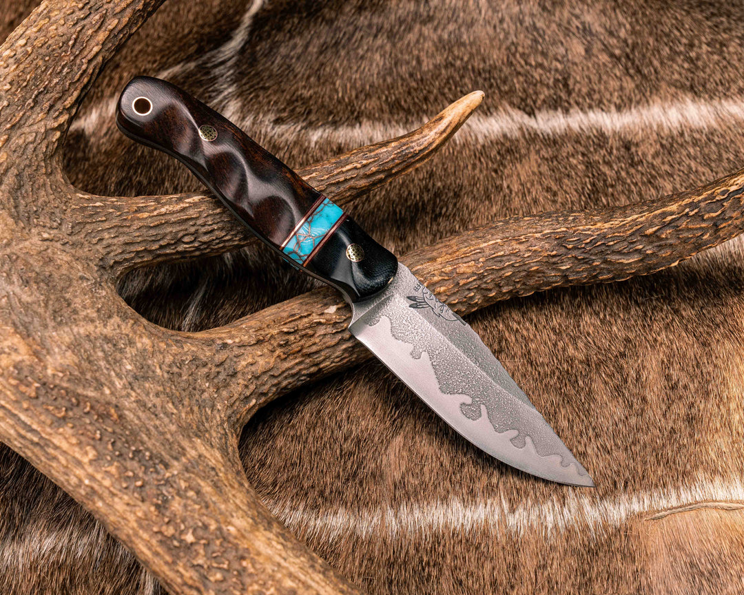 Crow Scalper - Bison Horn, Ruby G10 and Copper Pin Striping, Turquoise with Copper Web Tru-stone Split, Desert Ironwood, Mosaic Pins, Copper Lanyard Pin, Textured Grip