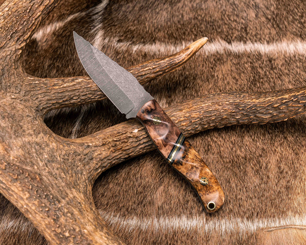 Crow Cub- Redwood Burl, Black G10, Grey G10 and Brass Split, Amboyna Burl, Mosaic Pins, Brass Lanyard Pin, Textured Grip