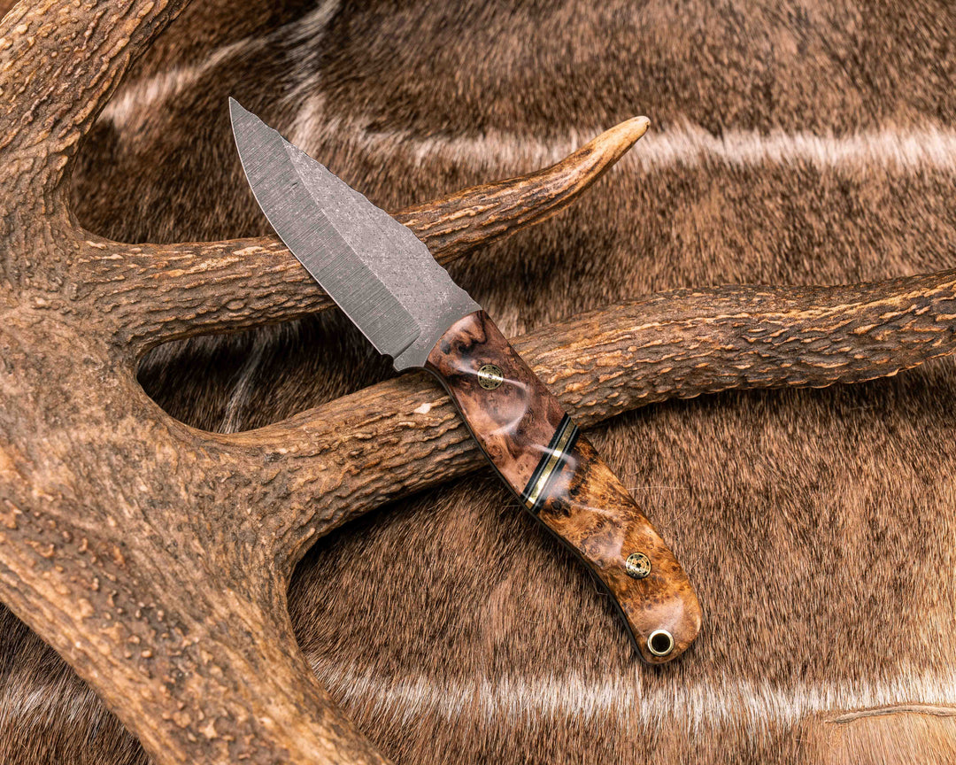Crow Cub- Redwood Burl, Black G10, Grey G10 and Brass Split, Amboyna Burl, Mosaic Pins, Brass Lanyard Pin, Textured Grip