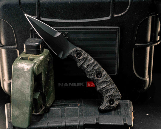 3" HUMINT - Black Burlap Micarta, Armor Black Cerakote, Allen Bolts, Textured Grip