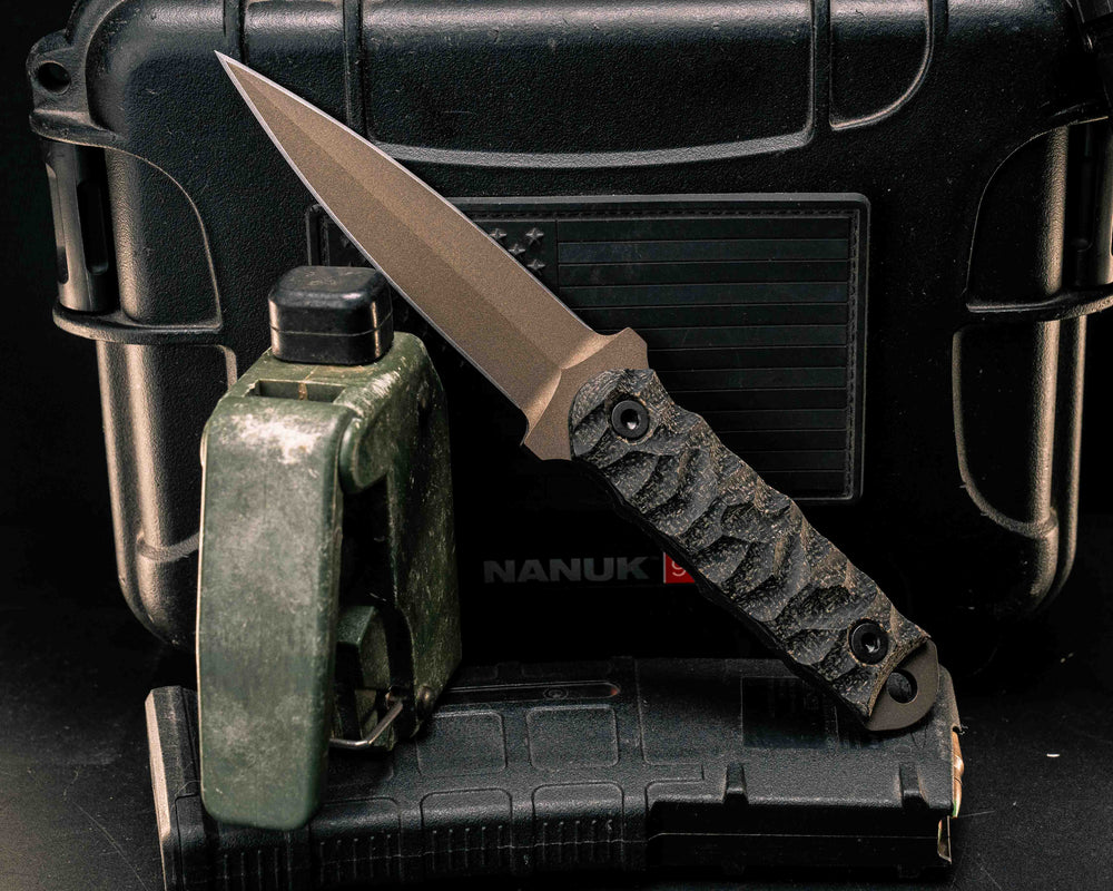Combat Dagger- Black Burlap Micarta, Midnight Bronze Cerakote, Allen Bolts, Textured Grip