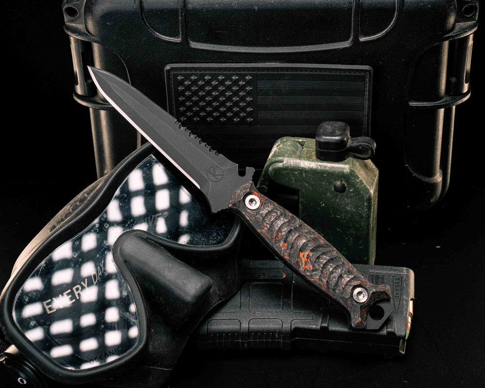 Dive Knife Tanto- Orange Dark Matter FAT Carbon, Armor Black Cerakote, Ti Torx Bolts, Textured Grip