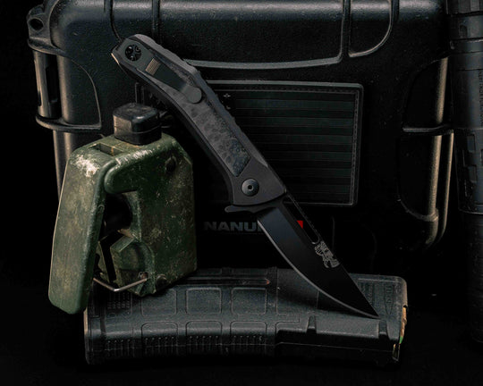 Custom Kwaiken Folder- Dyed Redwood, Anodized Black Handle, Black Nitride Blade, Textured Grip, Deep Carry Pocket Clip