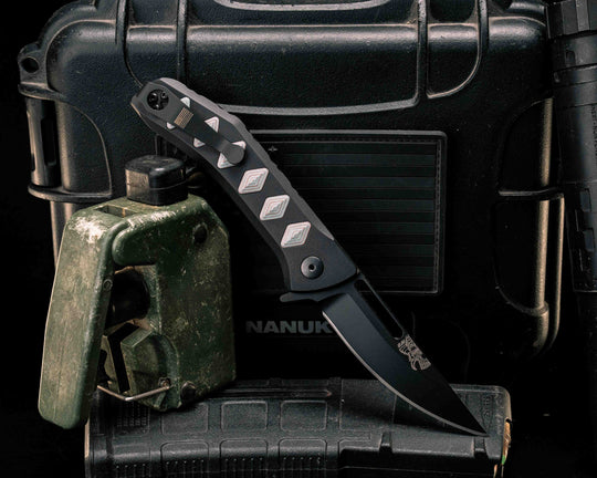 Custom Kwaiken Folder - Shipwreck Camo Quartz and Red Dragon Camo Quartz, Anodized Black Handle, Black Nitride Blade, Textured Grip, Deep Carry Pocket Clip